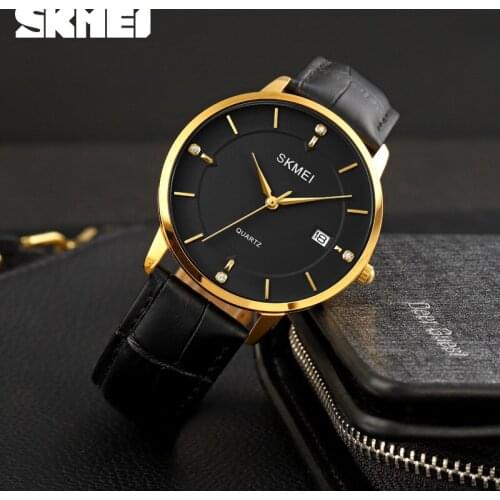 SKMEI Casual Quartz Wristwatches Mens Waterproof Shock Resistant PU Leather Stainless Steel Strap Date Watch Clock For Men 1801