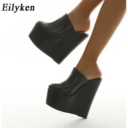 Eilyken Platform Wedge Round head Pumps Slippers Black Summer Shoes Woman Sexy Super High Sandal Slippers Black 35-42