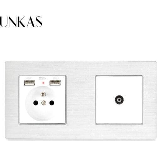 UNKAS Aluminum Metal Panel French Socket 2.1A Dual USB Charge Port Female TV Outlet 172*86mm Wall Socket LED Indicator