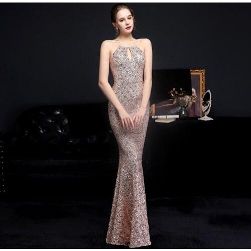 Partysix New summer Sexy Strap Cross Back Sequins Evening Dress Backless Long Evening Party Dress
