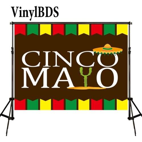 VinylBDS Photography Background Mexico Cinco de Mayo Photo Straw Hat Backdrop for Celebration Red Yellow Green Flags Background