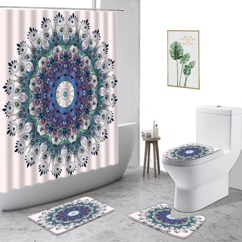 Mandala Flower Shower Curtain Bohemian Style Bathroom Decor Four-Piece Set Non-Slip Carpet Toilet Cover Bath Curtains With Hooks
