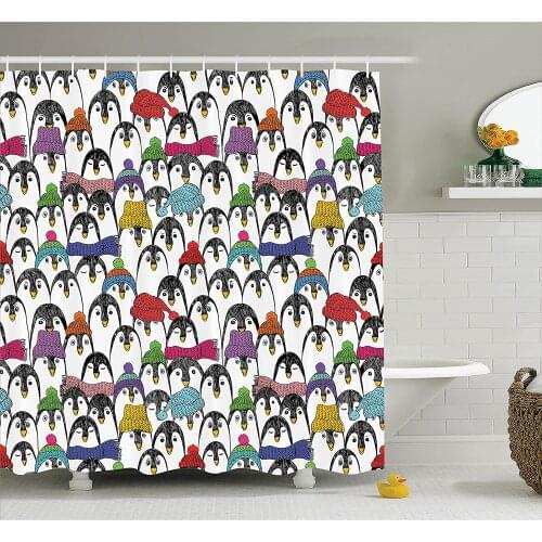 Sea Animals Shower Curtain with Cute Penguins in Colorful Hats and Scarfs Cold Winter Fun Art Wall Decoration Hanging Curtains