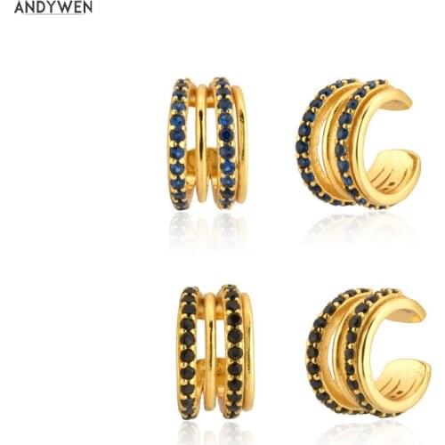 ANDYWEN 925 Sterling Silver Gold Blue Zircon Black Gems Non Piercing Clips Rock Puck Luxury Fashion Fine Jewelry Cuffs Ohrringe