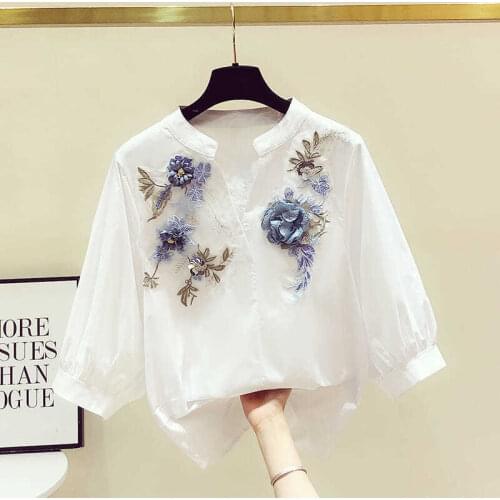 Embroidery Flower Women Blouse Summer New 2021 V-Neck Half Sleeved Loose Elegant Office Lady Pulls Outwear Tops