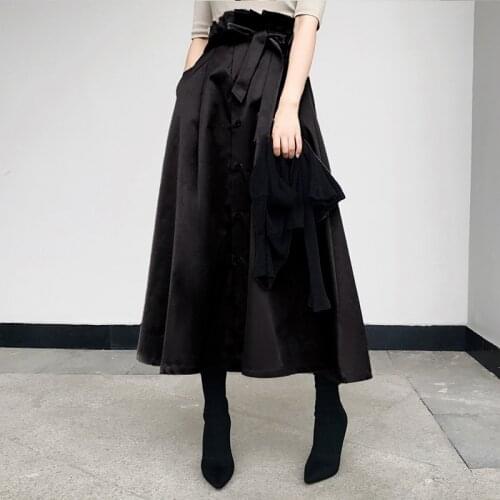 Elegant Women Long Midi Skirt Black Khaki Spring Autumn Ladies Vintage Belt Buttons Pocket Swing Skirts High Waist Femininas
