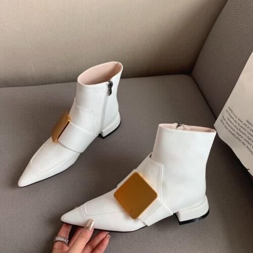 Fashion Metal Buckle Decoration Women Ankle Boots Square 3cm Low Heels Pointed Toe Chelsea Boots Ladies Zipper Short Booties