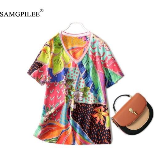 Summer T-shirts Woman 2021 New Abstract Pattern Hot Diamond V-neck Loose Chiffon Short-sleeved Women T Shirt Plus Size 4XL