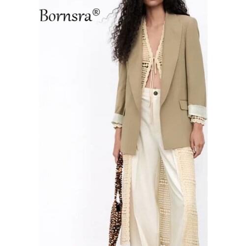 Bornsra 2021 Autumn Style Womens Two-color Lapel Sleeves Linen Slim Casual Pocket Blazer High Street Blue Blazer Full Jacket