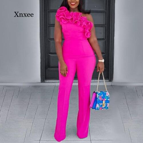 One Shoulder Ruffles Jumpsuit Women Sexy Irregular Sleeve Elastic High Waist Summer Overall Bodysuits Female Big Size Rompers