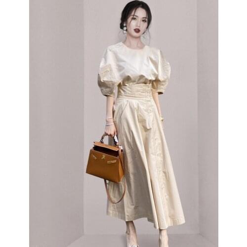 Elegant Chic Summer Skirt Sets Women Puff Sleeve O Neck Loose Tops + High Wasit Single Breasted Long Suits Ladies 2 Piece Set