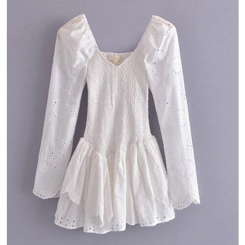 YENKYE New Women Fashion Hollow Out Floral Embroidery Christmas Party Dress Sexy V Neck Long Sleeve White Short Dress Vestido