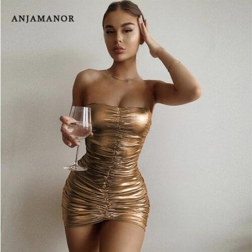 ANJAMANOR Sexy Metallic Tube Dress Gold Silver Birthday Outfits for Women Clubwear Summer 2021 Ruched Bodycon Mini Dress D32CZ17