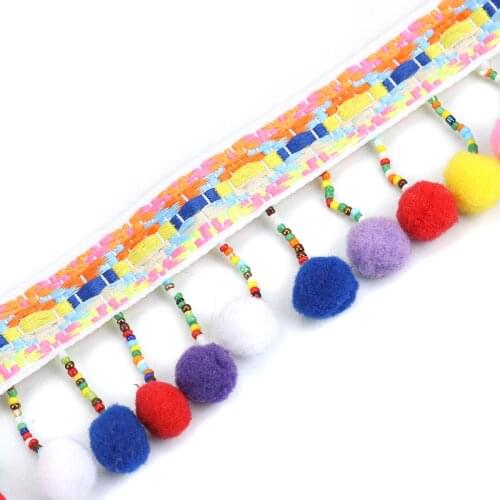 1PC 0.92m Polyamide Nylon Pom Pom Lace Trim Tassel Multicolor Rhombus Beaded Ribbon Fabric Trimming Sewing Craft Supply about
