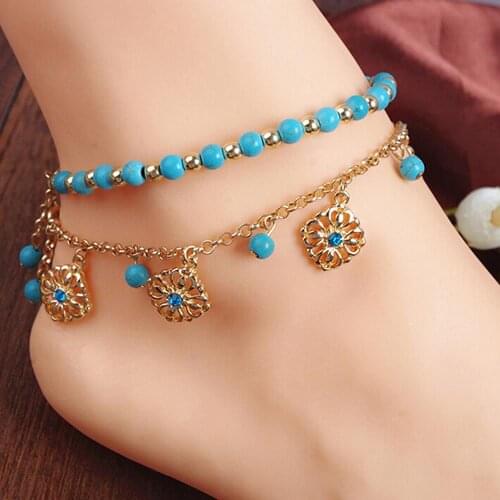 2021Summer Sexy Gold Chain Foot Chain Turquoises Anklets for Women Love Barefoot Sandals 2-Layer Ankle Bracelets Foot Jewelry