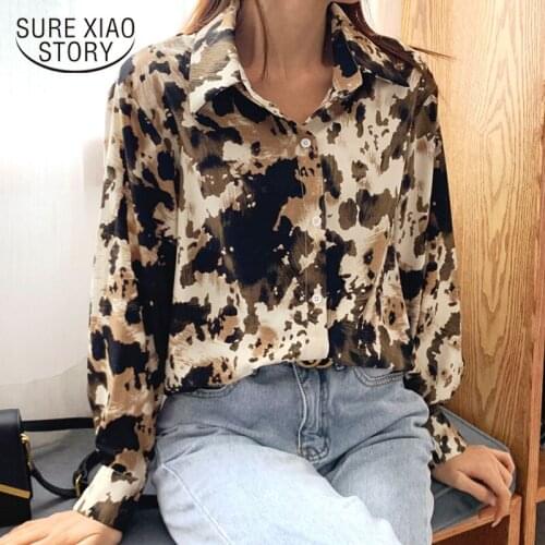 2021 Spring Long Sleeve Ink Smudge Chiffon Shirts Vintage Print Women Blouses Fashion Loose Cardigan Tops Clothes Blusas 9148 50