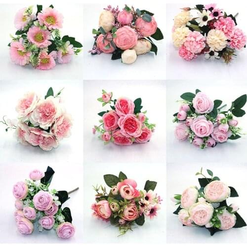 Pink 1pcs various beautiful artificial peony rose gerbera daisy silk flower DIY home garden party wedding decoration fake flower