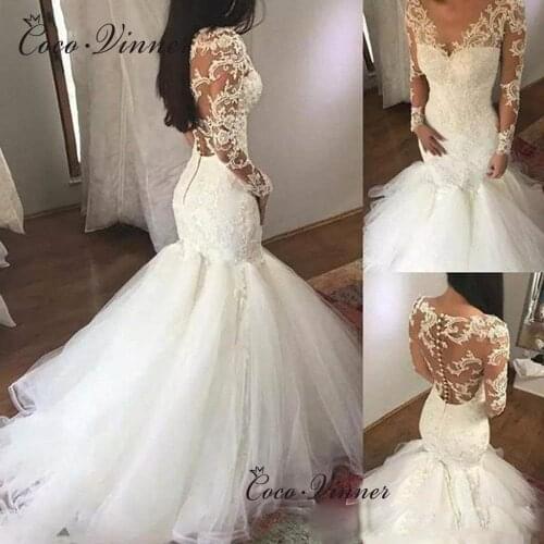 Appliques Bright Sequined Long Sleeves Embroidered Lace on Net Illsuion Mermaid Wedding Dresses Button Tulle Train W0579
