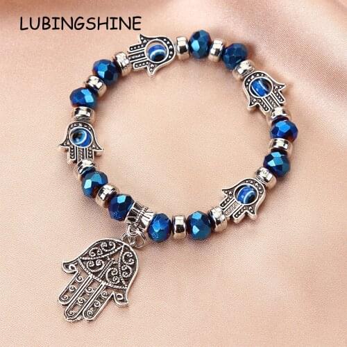 Trendy Turkish Evil Eye Elastic Bracelet Charms Crystal Fatima Hand Beaded Adjustable Bracelets for Women Men Yoga Jewelry Gift
