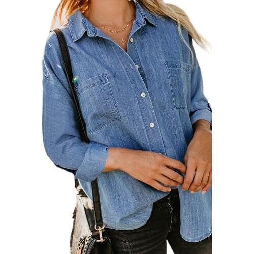 Turn Down Collar Buttoned Long Sleeve Denim Shirt Women Solid Casual Jeans Boyfriend Style Blouse Shirt Top