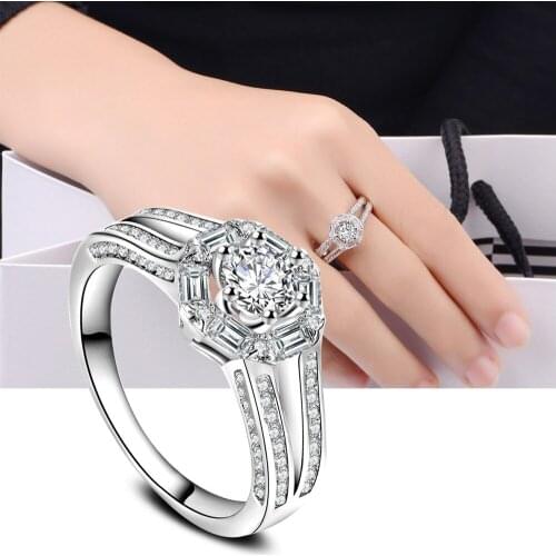 European and American Popular Six Claw Zircon Ring Womens Silver Color Ring Bride Engagement Party Wedding Ring Jewelry