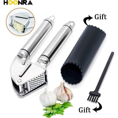 HOONRA 1Pcs Metal Garlic Press Stainless Steel Garlic Mill Chopper Hand Press Garlic Silicone Tube Roller & Brush Kitchen Tools