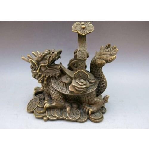 China Brass Copper Fengshui ruyi Wealth Dragon Turtle tortoise Statue