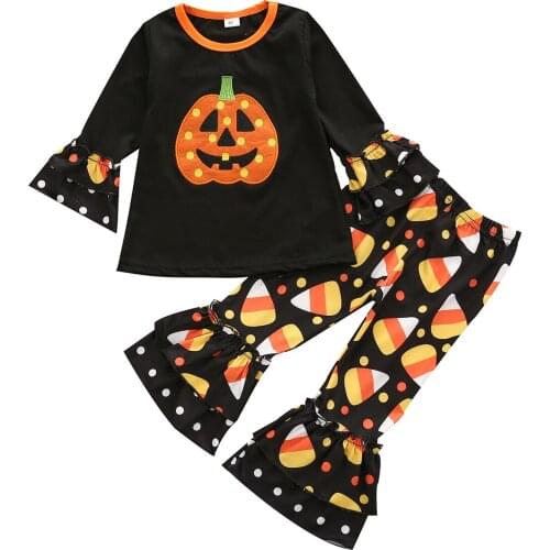 Cathery Toddler Baby Girl Halloween Outfit Clothes Set Ruffle Long Sleeve Pumpkin Shirt Blouse Top Striped Bell Bottom Pant 2Pcs