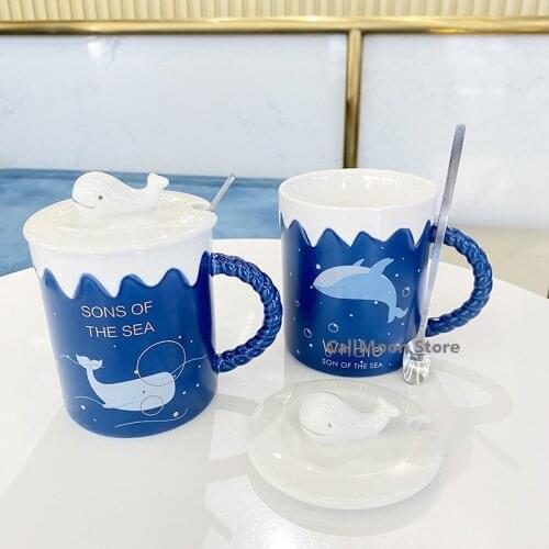 Creative Cup Ins 301-400ml Humpback Whales Polar Bear Penguin Animal Microwave Cartoon Mug with Lid Spoon Ceramic Cup Female