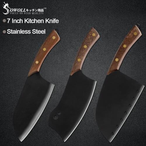 Sowoll 3pcs Stainless Steel Kitchen Chef Knife Black Brown Handle Kitchen Chopping Butcher Full Tang Blade Knife Survival Tool