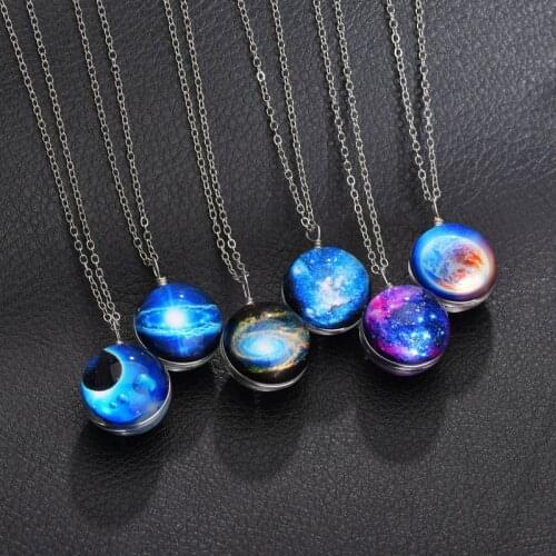 Fashion Nebula moon Galaxy Double Sided Pendant Necklace Universe Planet Jewelry Glass Art Picture Handmade Statement Necklace