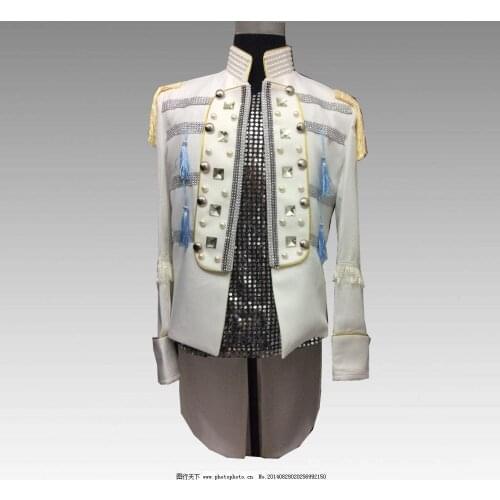 Male Unique Design Rhinestone Tassels Pearls Long Suits Personalized Back Slit Mens White Philharmonic Orchestra Stage Costumes