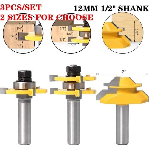 3pcs 12mm Shank Tongue & Groove Joint Assembly Wood Router Bit With 45 Degree Lock Miter Router Bit Wood Cutting Tools
