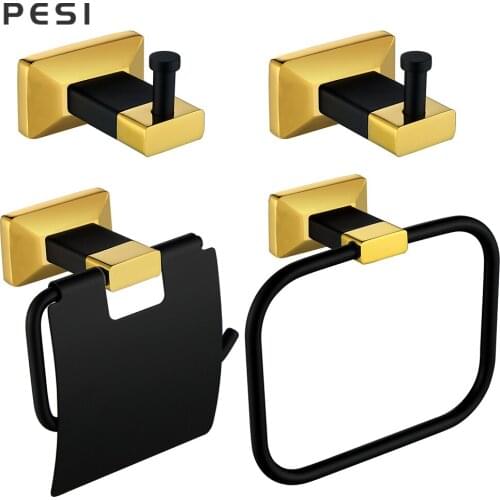 Brass Bathroom Hardware Set Robe Hook Towel Rail Rack Bar Paper Holder Toothbrush Holder Bathroom Accessories,Black and Gold