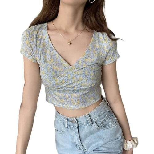 2021 New Ladies Summer Sexy Midriff-baring Tops, Girls Floral Printing V-neck High Waist Short Sleeve T-shirt Slim Base Shirt
