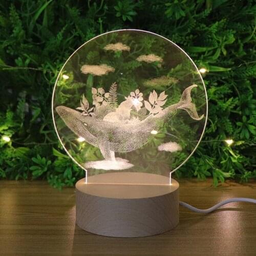 New Acrylic Inner Carving Whale Led 3D Night Light Creative Wooden Table Lamp Christmas Gift for Children Warm White Usb