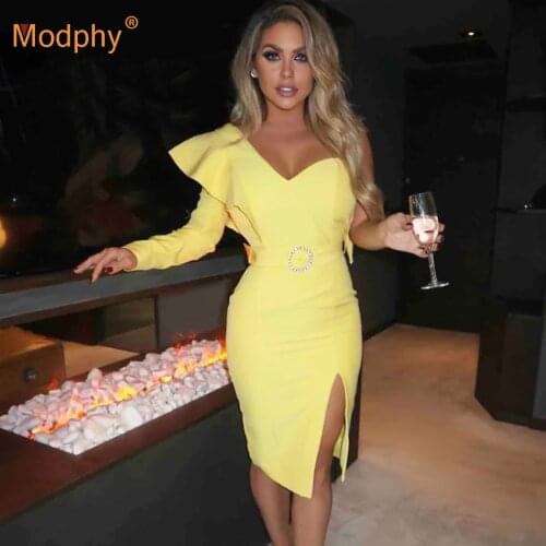 Autumn Yellow Sexy One-Shoulder Long-Sleeved Ruffled Belt Bodycon Bandage Dress 2020 New WomenS Evening Party Dress Vestidos