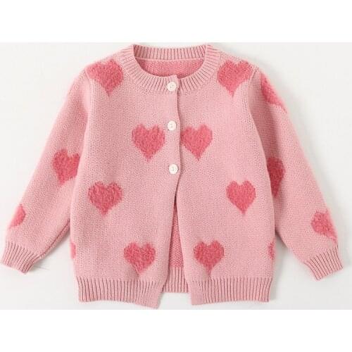 Kimocat Baby Girl Long-Sleeved Sweater, Pink Love Long-Sleeved Cardigan, Autumn And Winter Fashion Baby Clothes 6 Months-3 Years