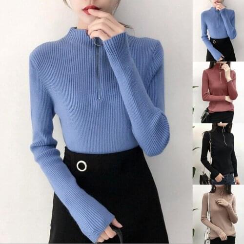 Women Autumn Winter Fashion Blouse Mock Neck Long Sleeve Half Zipper Ribbed Knitwear Blouse Pullover Warm Clothes For Female