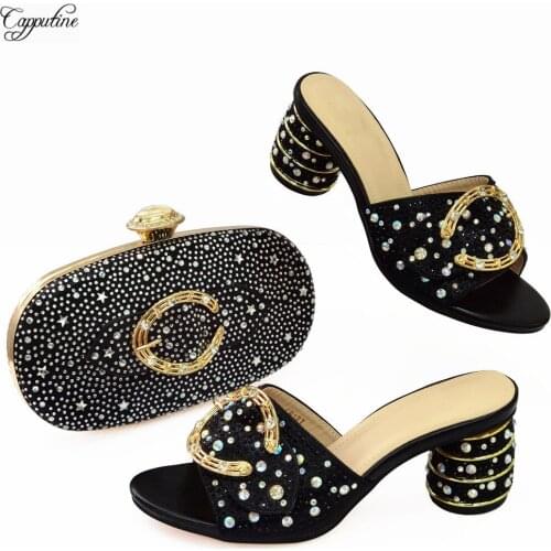 New Black Women Shoes With Bag African Ladies High Heels Summer Slippers Pumps And Purse Handbag Set Sandals Clutch CR127 5.5CM
