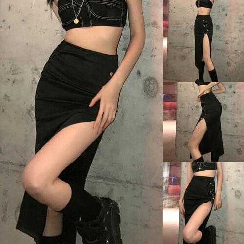 Gothic Grunge Punk Black Midi Skirts Women Aesthetic Alternative Clothing High Waist A-Line Party Long Skirt