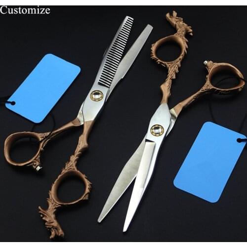 Customize logo japan 440c 6'' gold DRAGON hair salon scissors cutting barber makas scissor Thinning shears hairdressing scissors