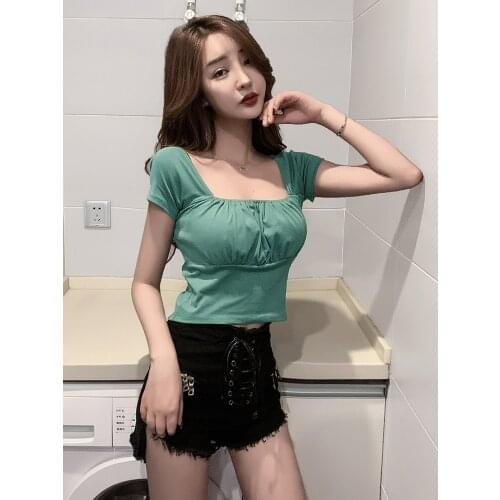 Sexy chest square collar collarbone top womens summer slim high waist design sense tight short sleeve big neckline T-shirt