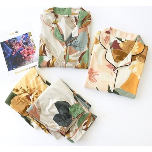 Womens Pajamas Set Leaf Printed Spring Summer Cotton Long Sleeve Nighties Female Homewear Plus Size Casual Sleepwear Two-pieces