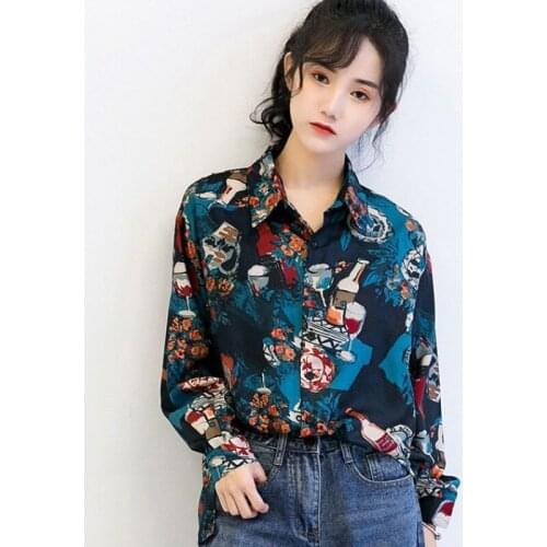 Vintage Women Tops Fashion Long Sleeve Print Chiffon Blouse Shirt Korean Casual Retro Shirts Fall Clothing