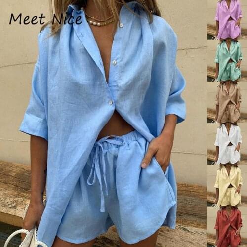2 Two Piece Sets Summer Womens Solid Color Single-breasted Short-sleeved Shirt and Shorts Loose Casual Streetwear Tracksuit