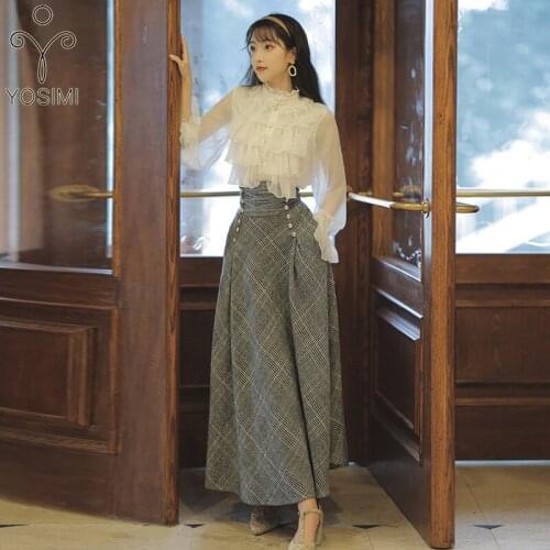 YOSIMI Women Two Piece Outfits 2021 Autumn Winter Long Sleeve White Shirt Blouse and Woolen Plaid Ankle-length Skirt and Top Set