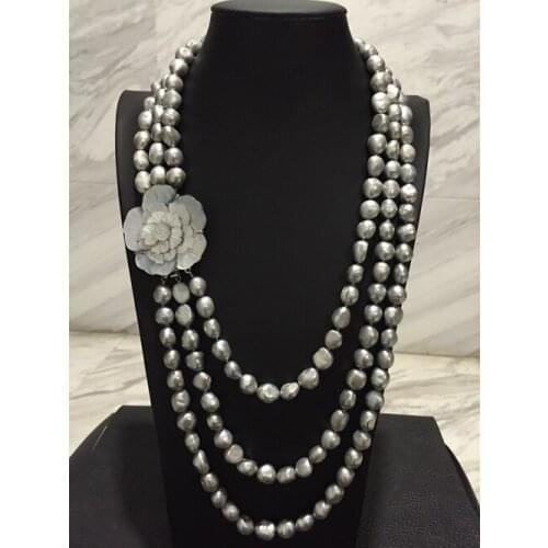 HandNEW 3rows knotted Autumn winter essential 8-9mm Natural gray freshwater pearl necklace 17-20inches