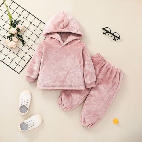 Winter Hoodie Set For Baby Girls Hooded Sweatshirt Thick Fleece Solid Pullover Tops Pants Outfits Infant Newborn Clothing Sets