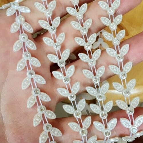 1yard/Lot 13mm*9mm leaf Inlaid Diamonds Artificial Pearls Beads Chain Garland Flowers For Wedding Bridal Bouquet Decoration